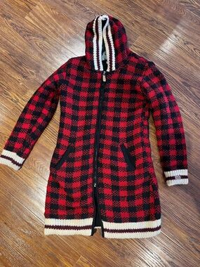Red and Black Buffalo Plaid Hooded Knit Cardigan jacket coat ark imports wool